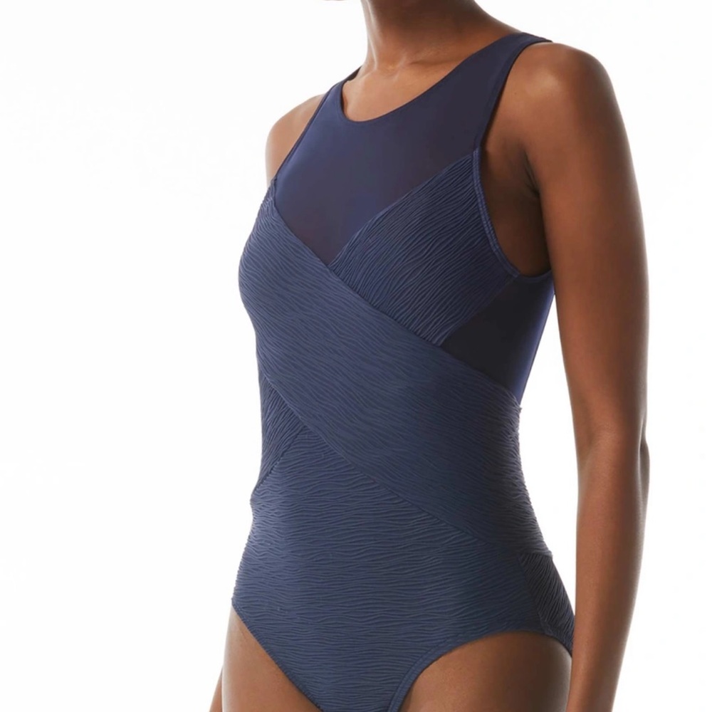Carmen Marc Valvo High Neck One Piece Swimsuit - Wave Texture